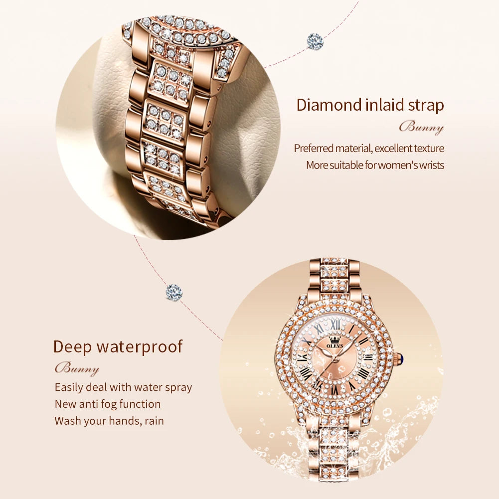 OLEVS Women Luxury Diamond Quartz Watch Stainless Steel