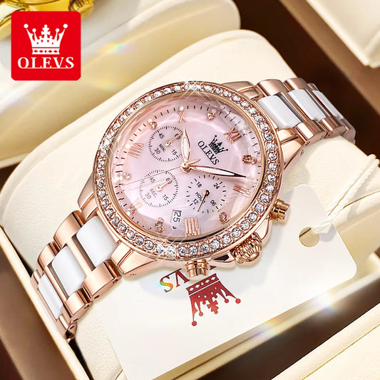 OLEVS Women Chronograph Ceramic Watch Waterproof Elegant Dress