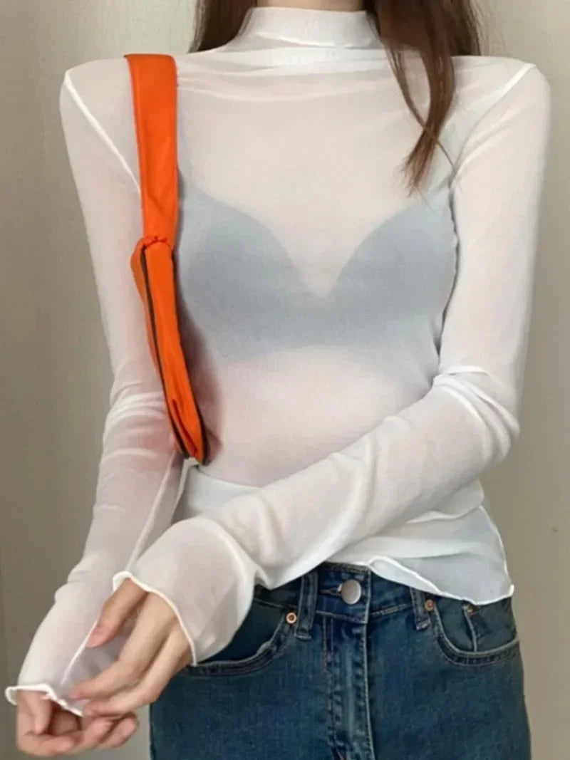 TDFunlive High Neck Lace Blouse See Through Long Sleeve