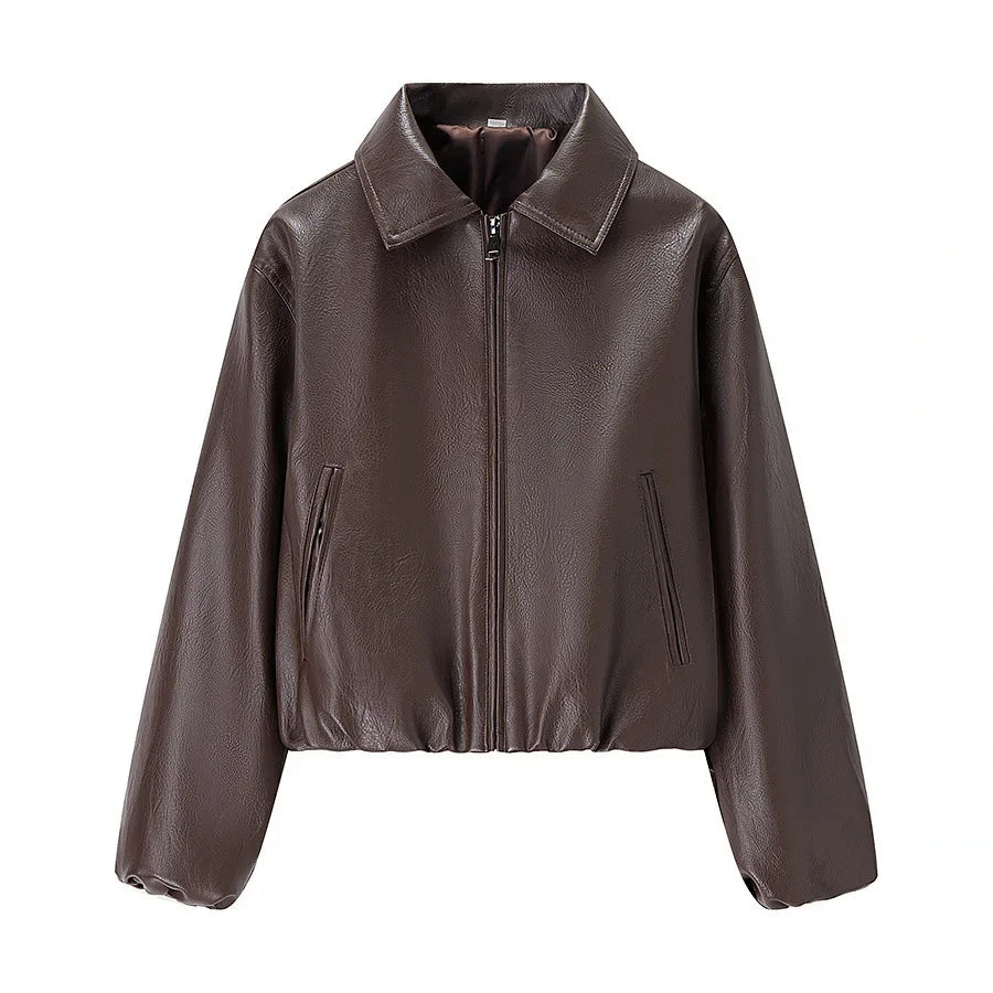 Women's Long Sleeve Leather Jacket With Turn Down Collar