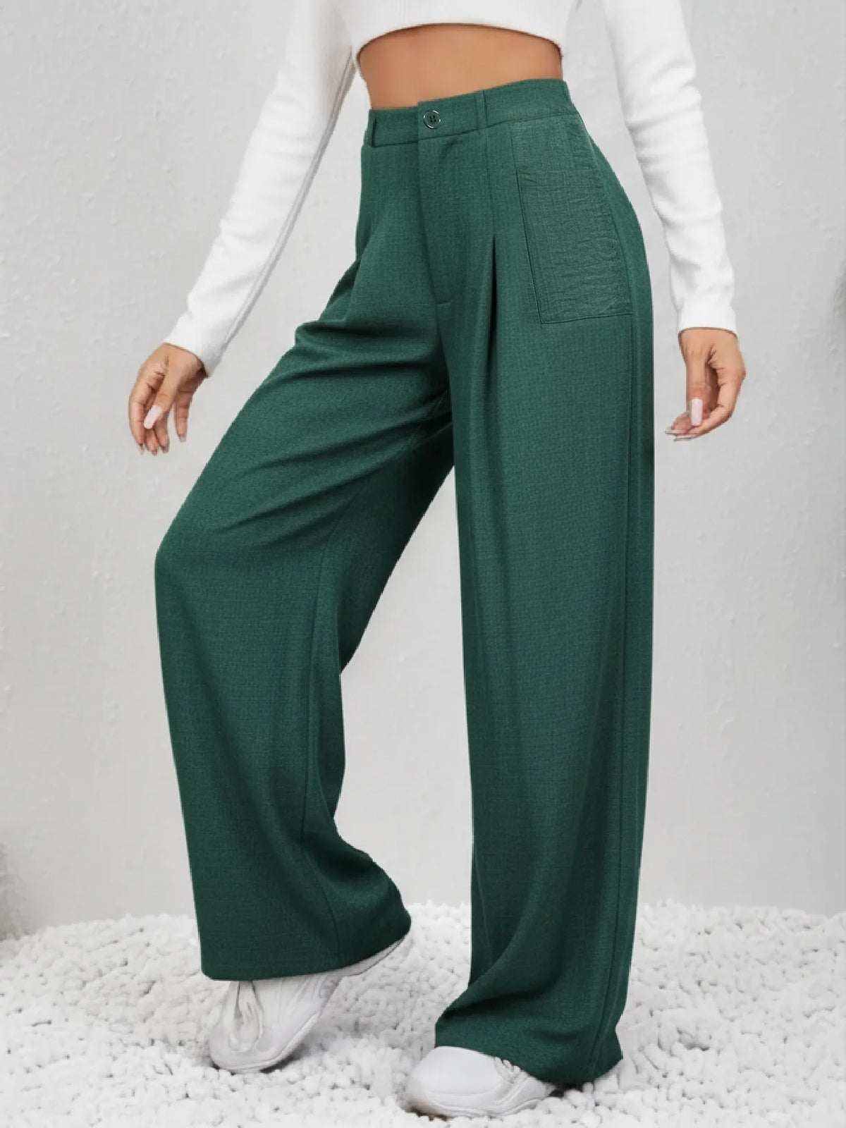 Womens Textured High Waist Wide Leg Trousers With Pockets