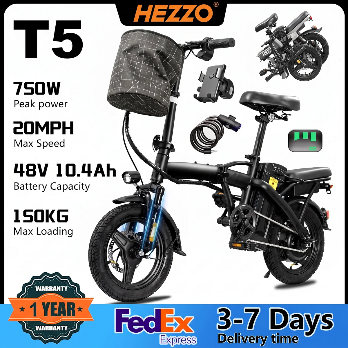 HEZZO T5 Folding Electric Bike 750W Peak Power Disc Brakes