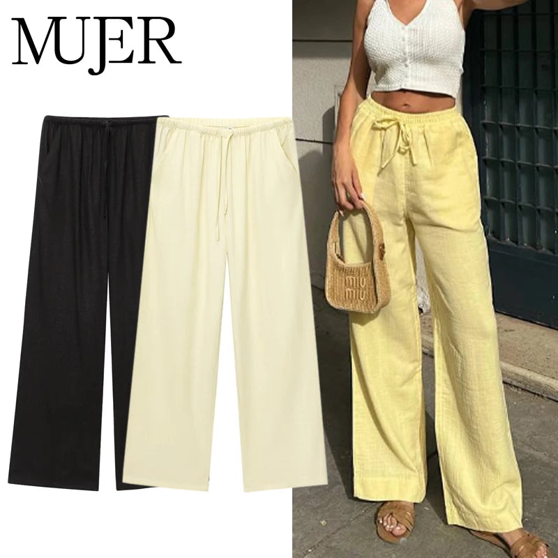 Mujer Women High Waist Pleated Wide Leg Casual Pants