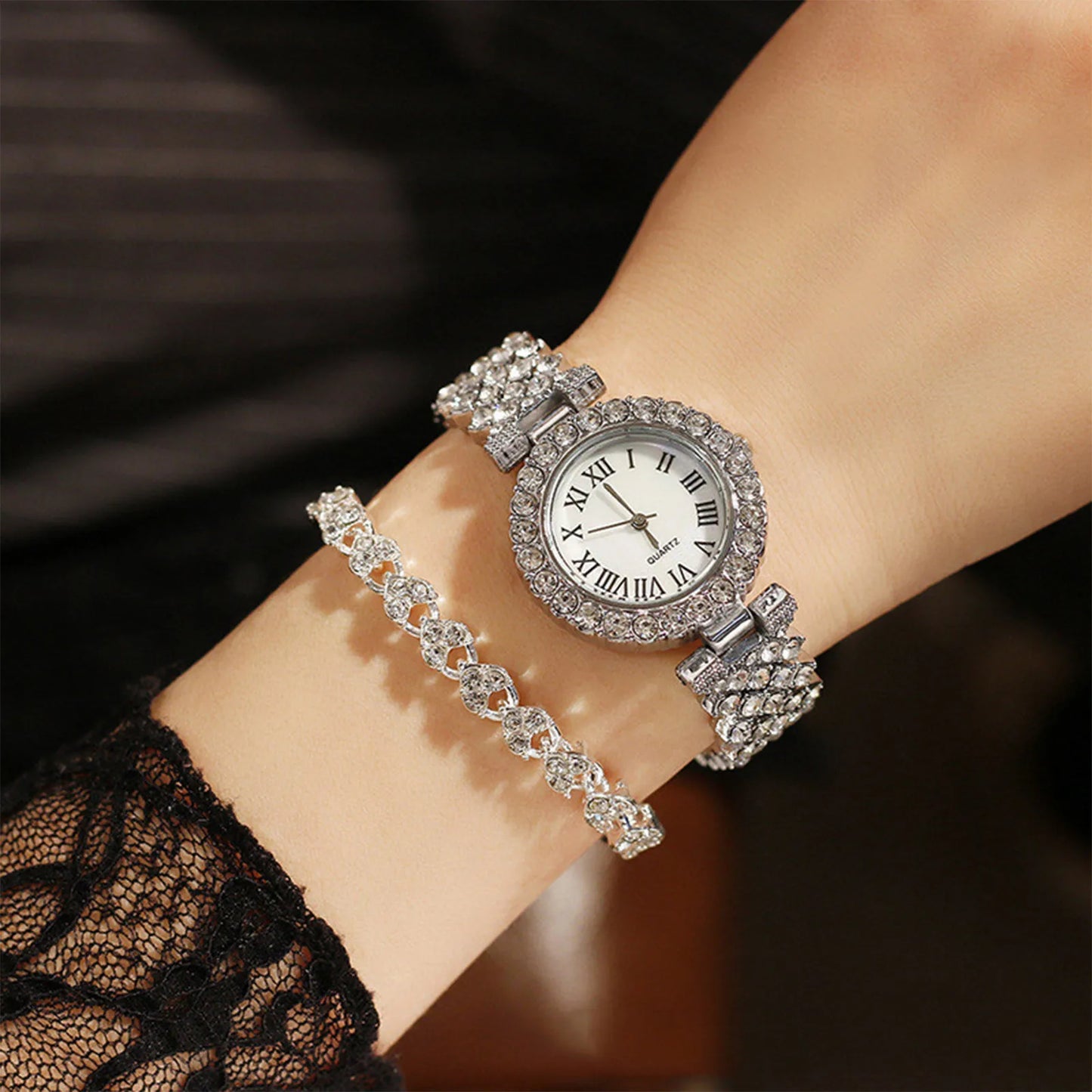 Crystal Diamond Women Watches Set Two Piece Rhinestone Bracelet Gift