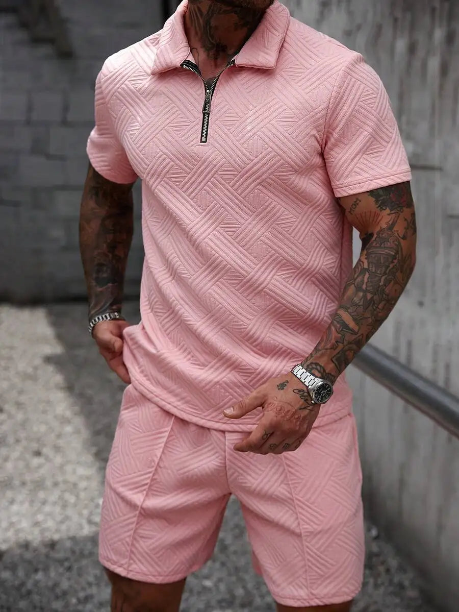 Mens 3D Textured Zipper Polo Casual Two Piece Summer Outfit
