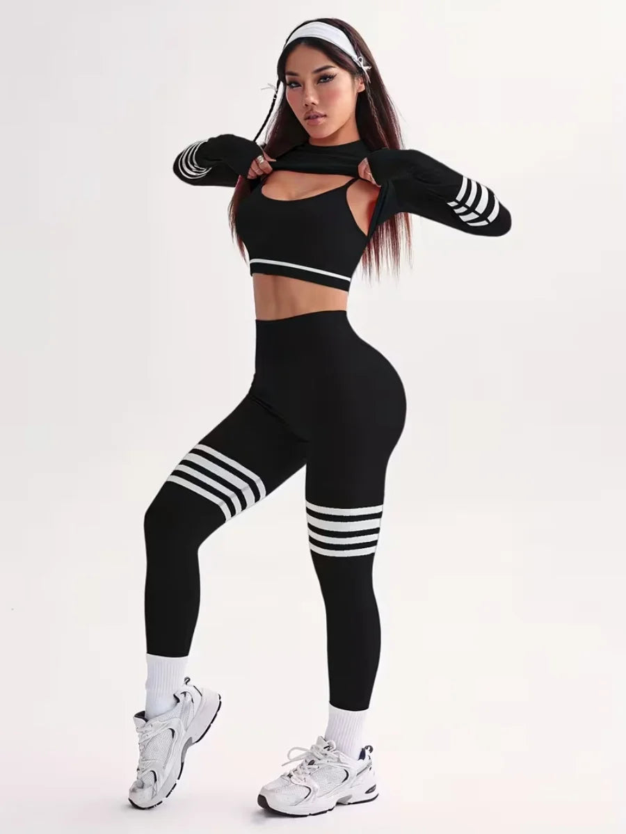 Womens Striped Tracksuit Set Crop Top Leggings Bra