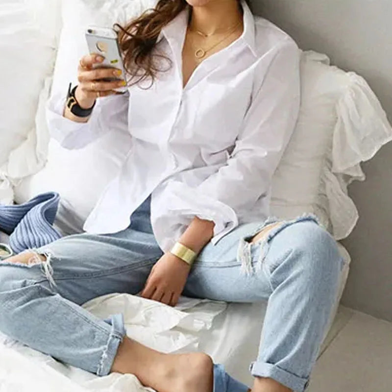 Magesuek Cotton Lapel Long Sleeve Office Blouse For Women