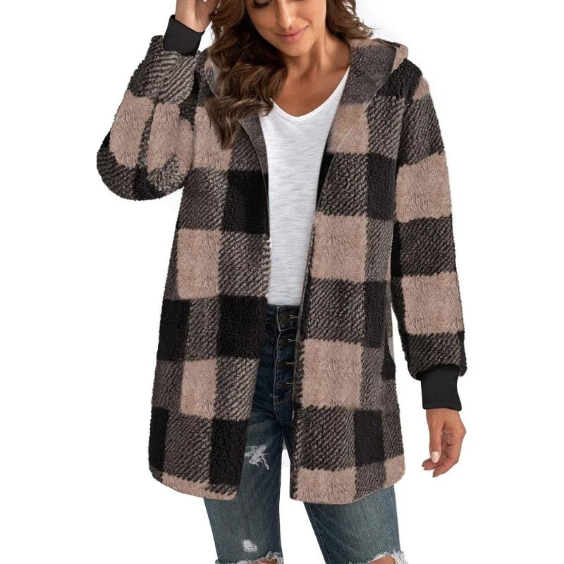 Women's Plaid Fleece Hooded Cardigan Jacket With Patchwork Design