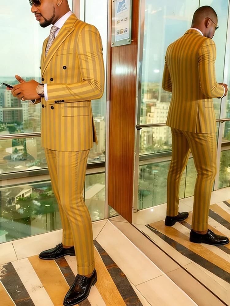 Men's Jacquard Two Piece Suit Set Slim Fit Double Breasted