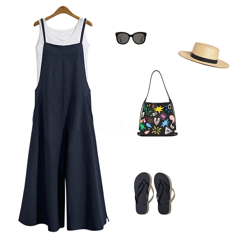 Women Cotton Blend Jumpsuit Sleeveless Wide Leg Dungaree Overalls