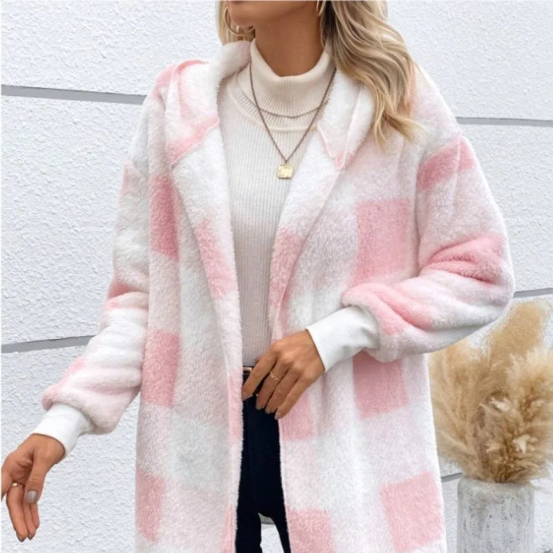 Women's Plaid Fleece Hooded Cardigan Jacket With Patchwork Design