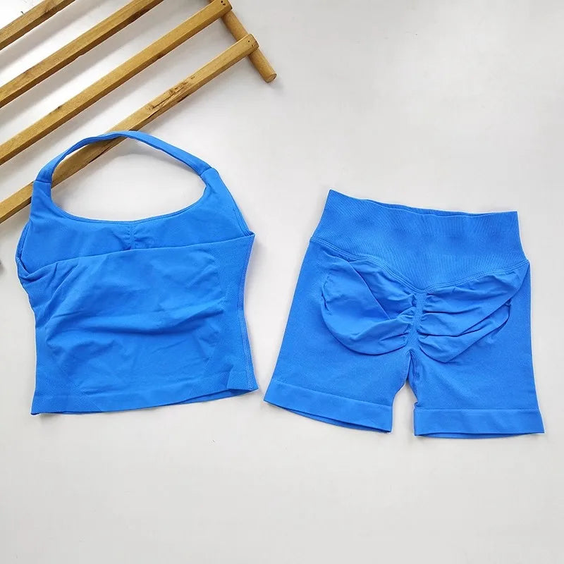 Yoga 2 Piece Seamless Backless Halter With High Waist Shorts