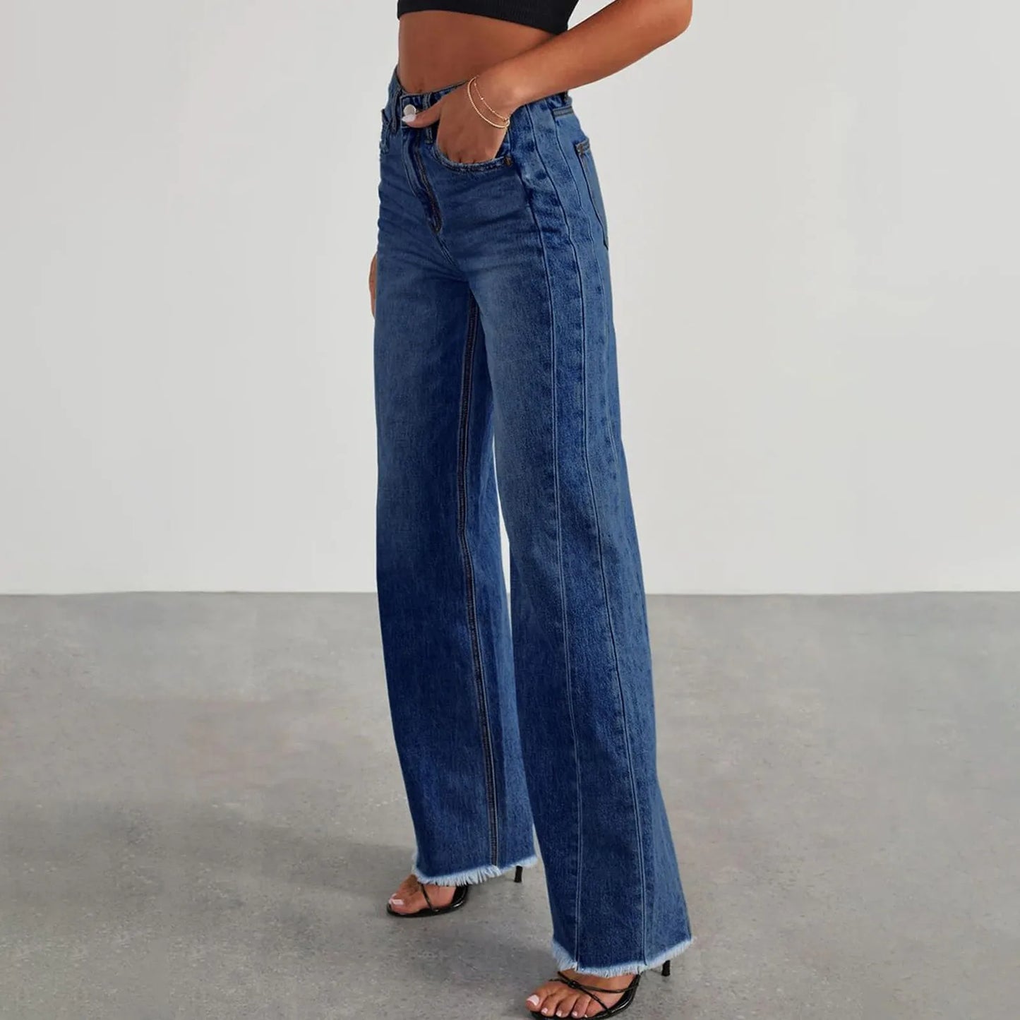 Women Wide Leg Jeans High Waist Denim Trousers With Pockets