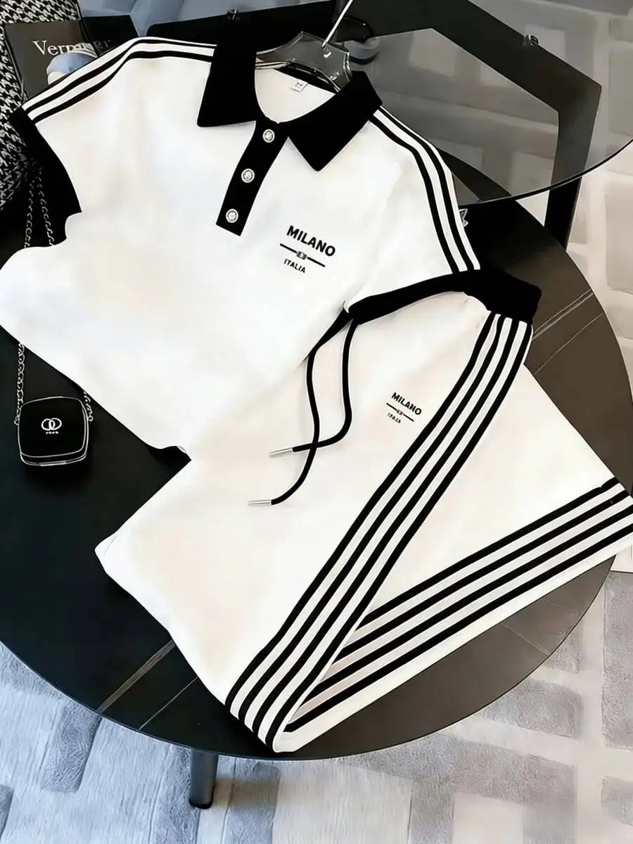 Mens Striped Polo Co-ords Set Casual Knit Cuban Collar Ensemble