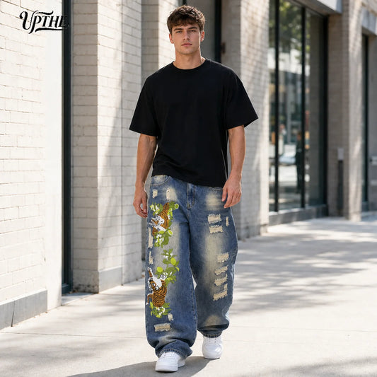 UPTHE Men's Distressed Embroidered Baggy Wide Leg Denim Jeans