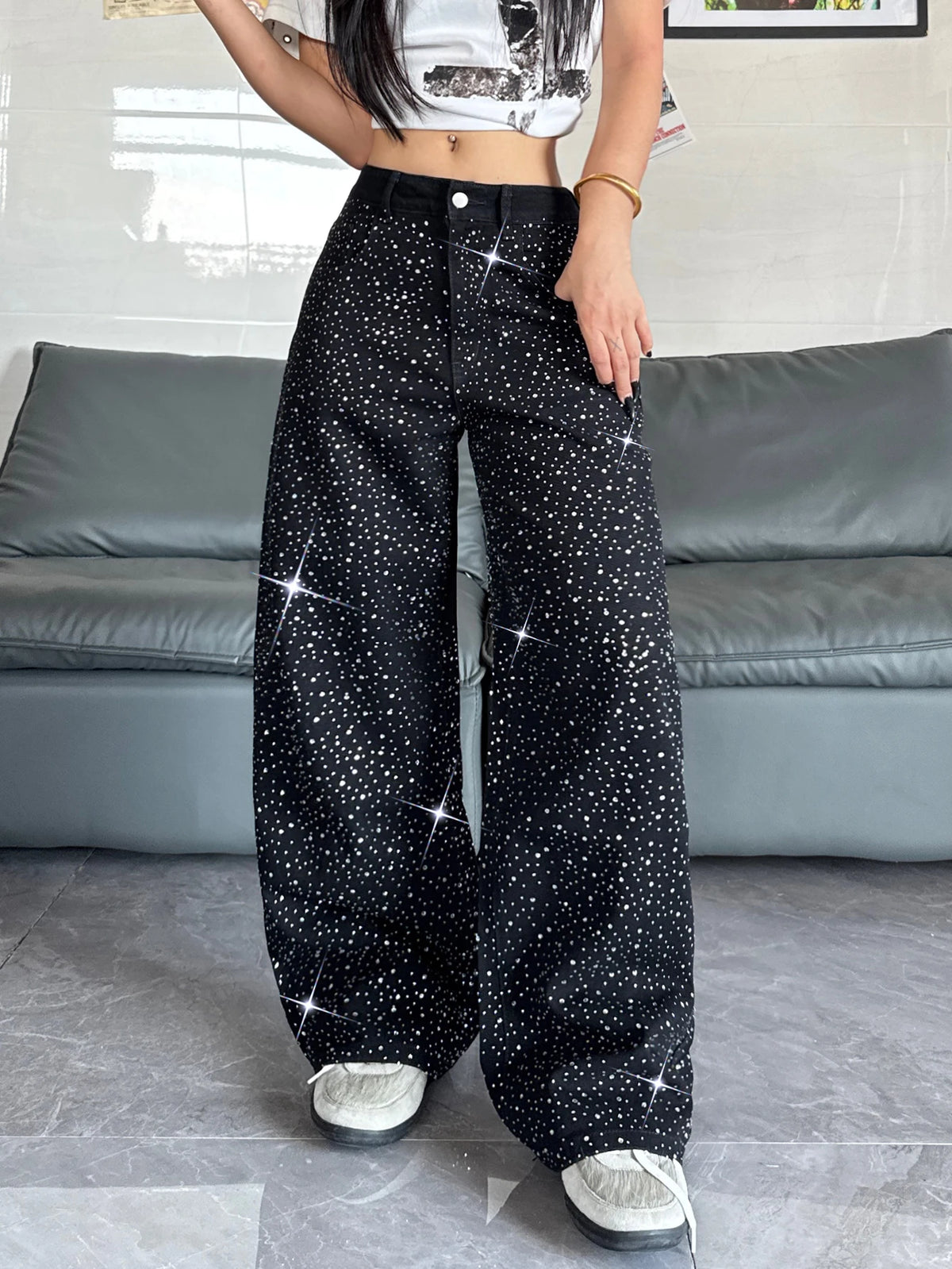 Women's Retro Washed Embroidered Wide-Leg High-Waisted Denim Jeans