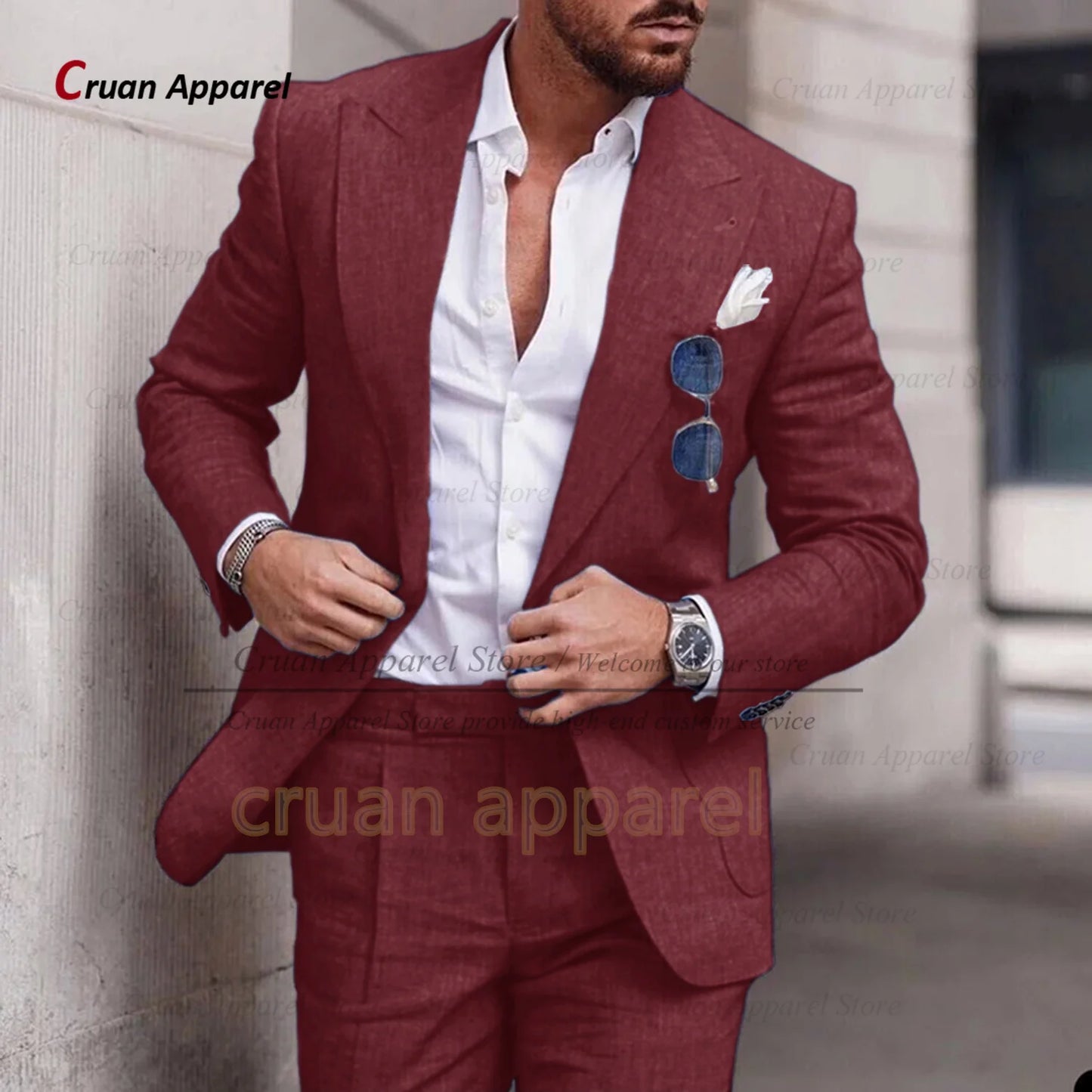 Men's Linen Suit Set With Peaked Lapel Blazer Pants