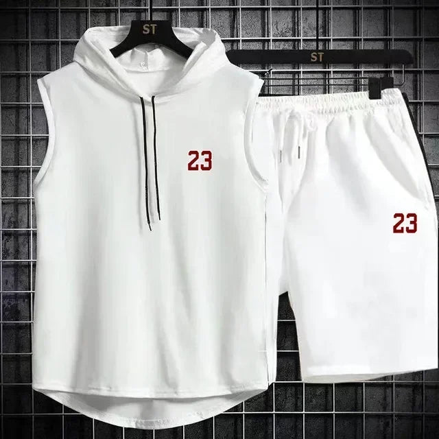 Summer Mens Sleeveless Hooded T Shirt And Shorts Set