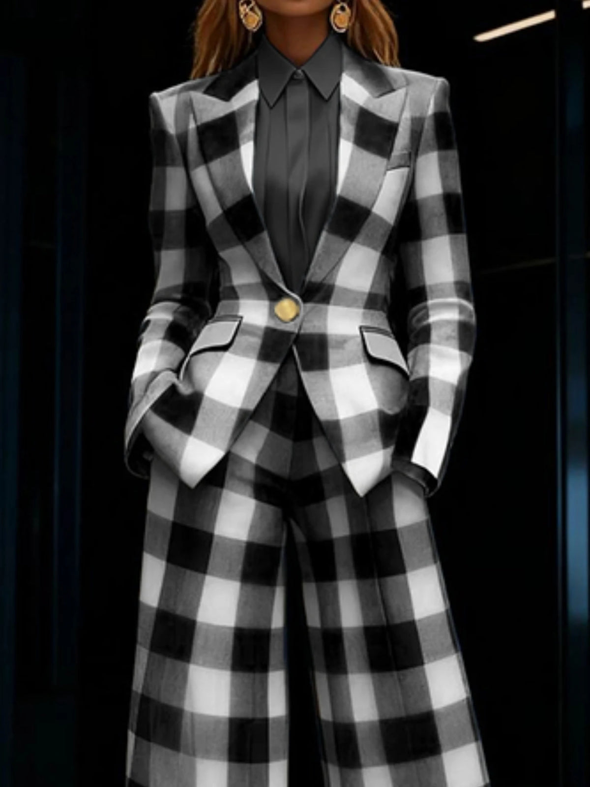 Plaid Print Womens Blazer And Wide Leg Pants Business Suit