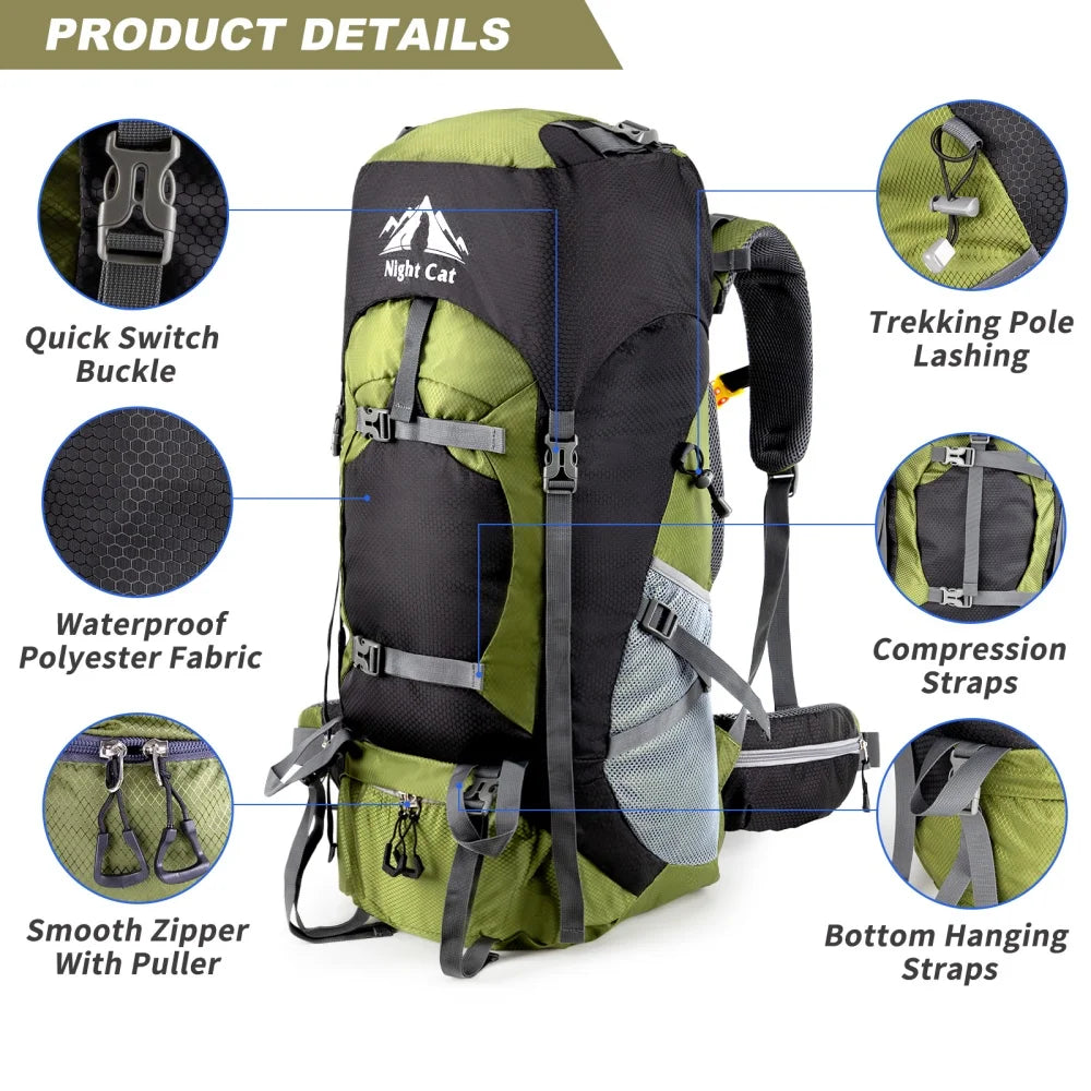Night Cat Waterproof Hiking Backpack With Rain Cover For Camping