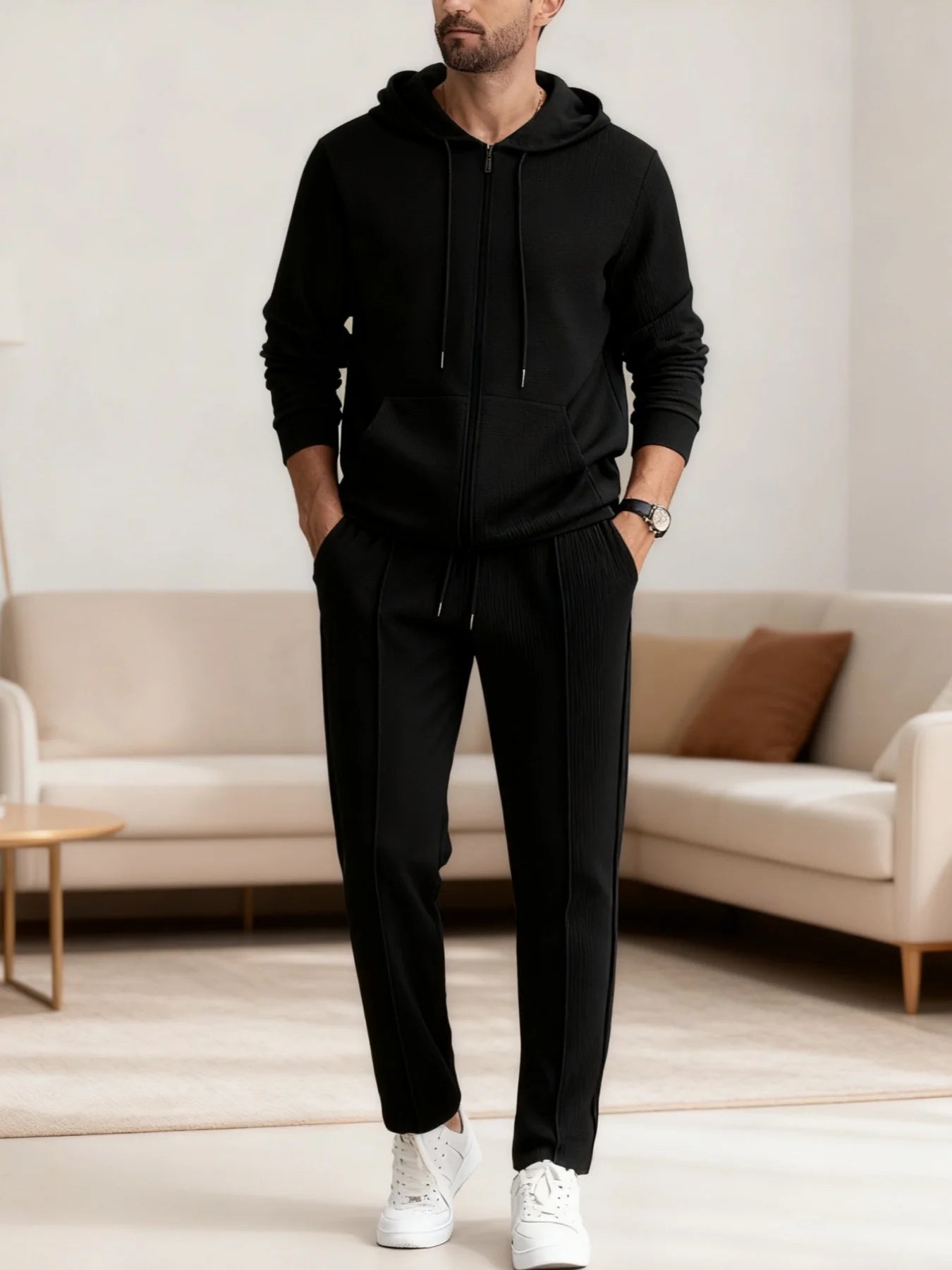 NONECN Spring Autumn Mens Waffle Tracksuit Set Hooded Jacket Pants