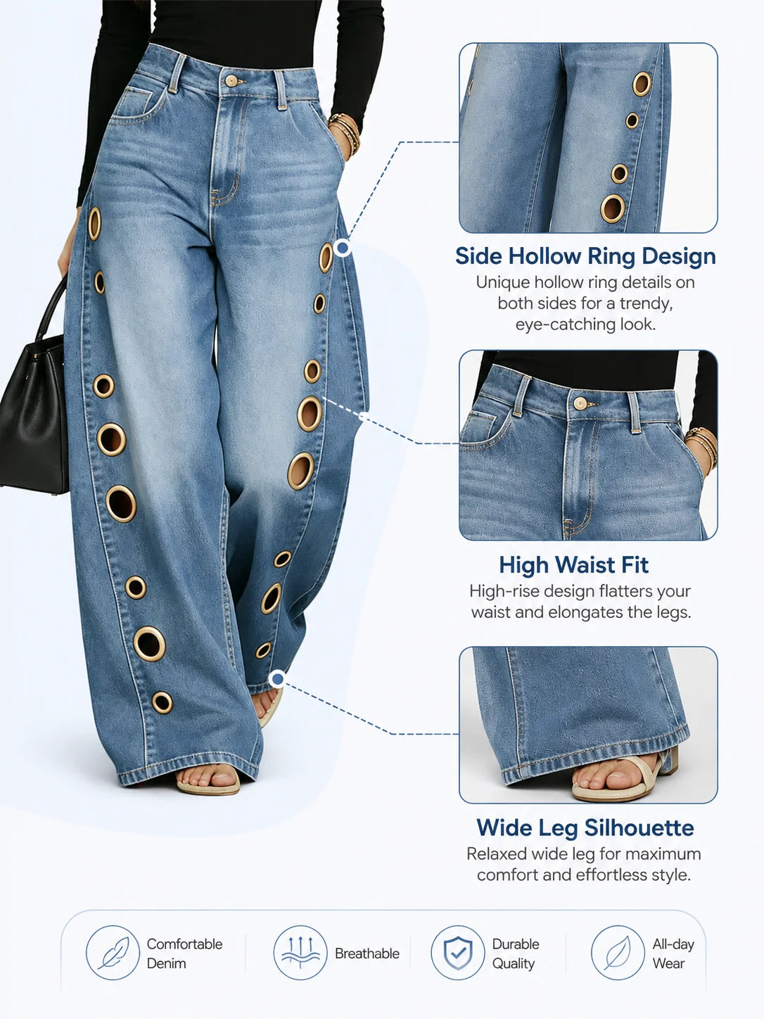 Women High Waist Wide Leg Cutout Denim Jeans With Pockets