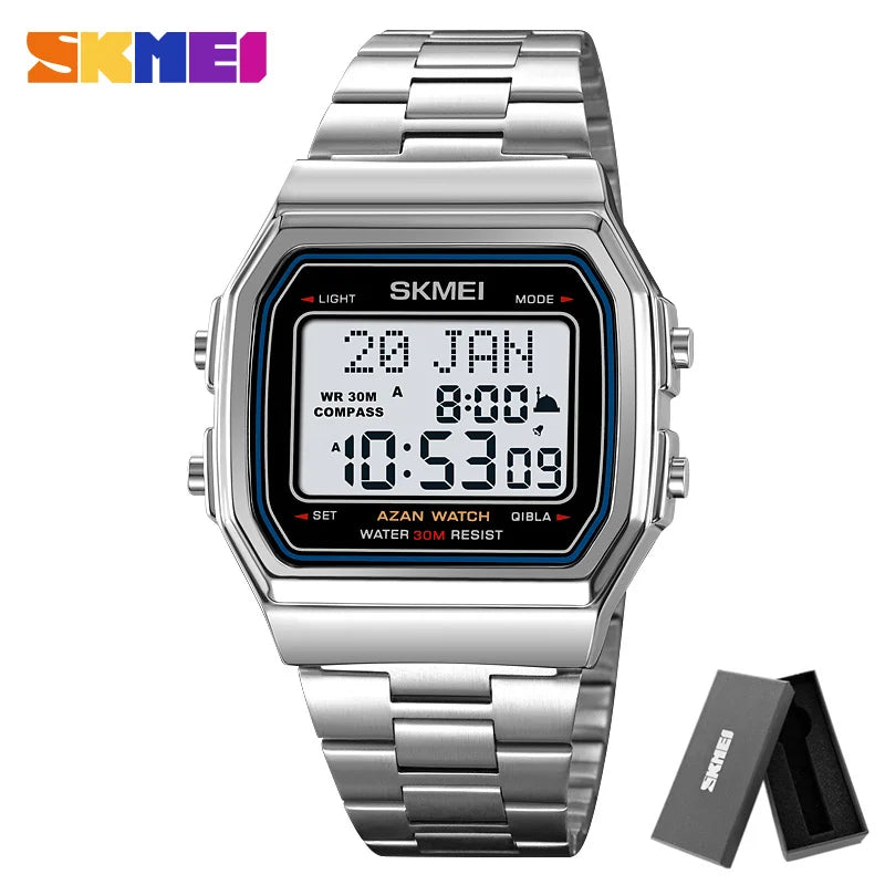SKMEI 2113 Mens Prayer Azan Compass Alarm Hijri Islamic Digital Wristwatches New Back Light Display Stopwatch Sports Watches