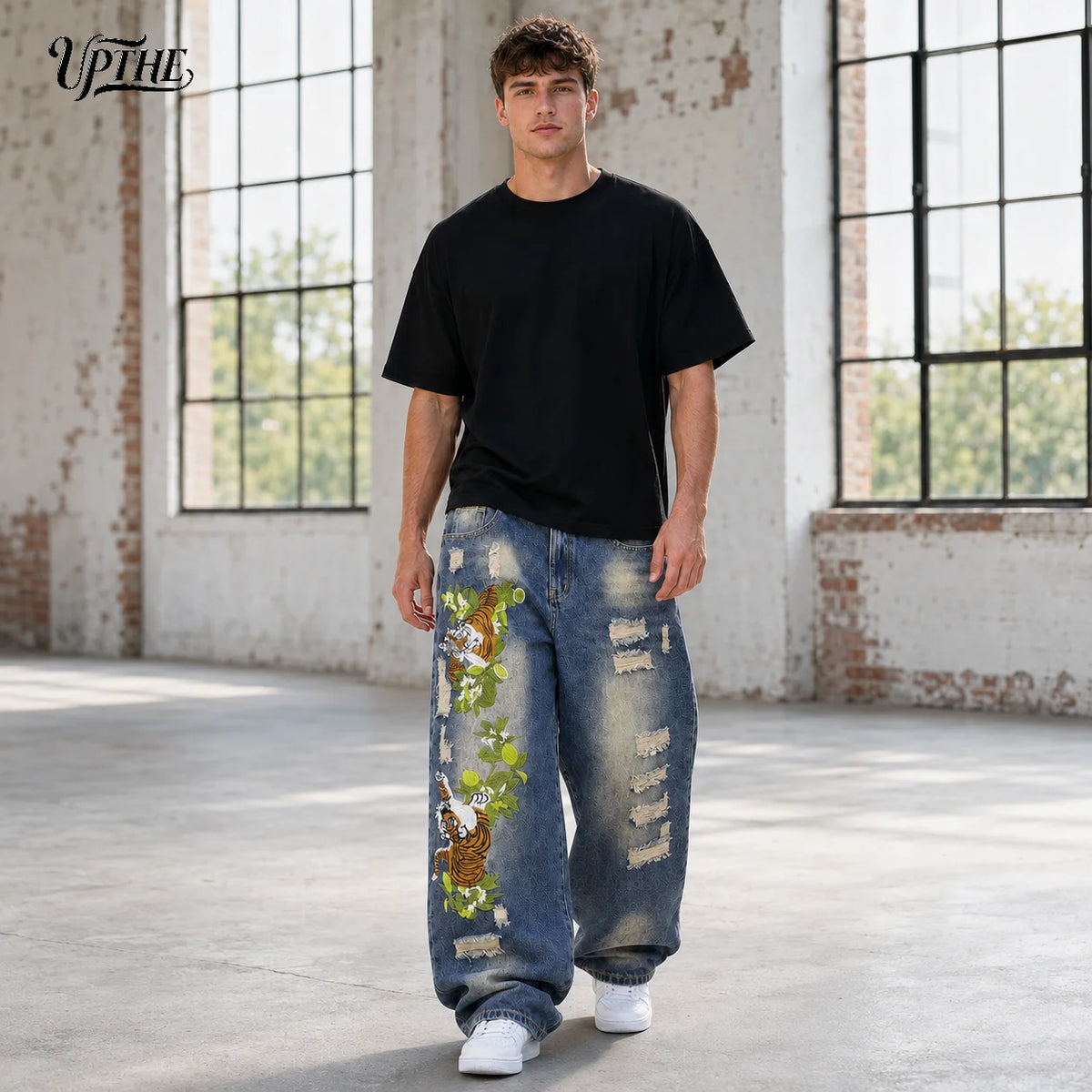 UPTHE Men's Distressed Embroidered Baggy Wide Leg Denim Jeans