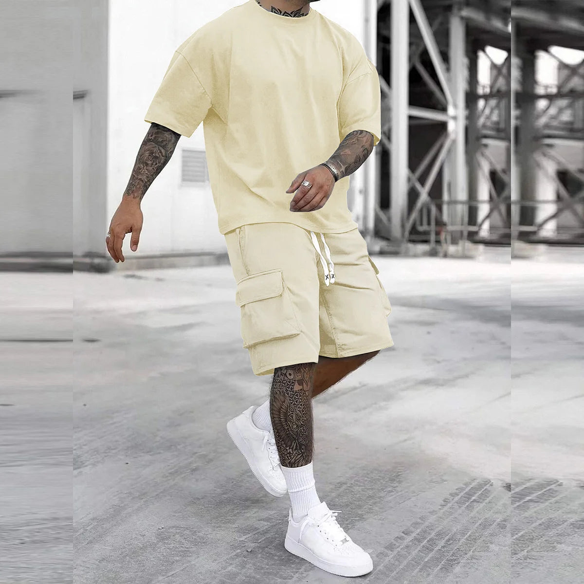 Mens Multi Pocket Cargo Pants And Short Sleeve Tee Set