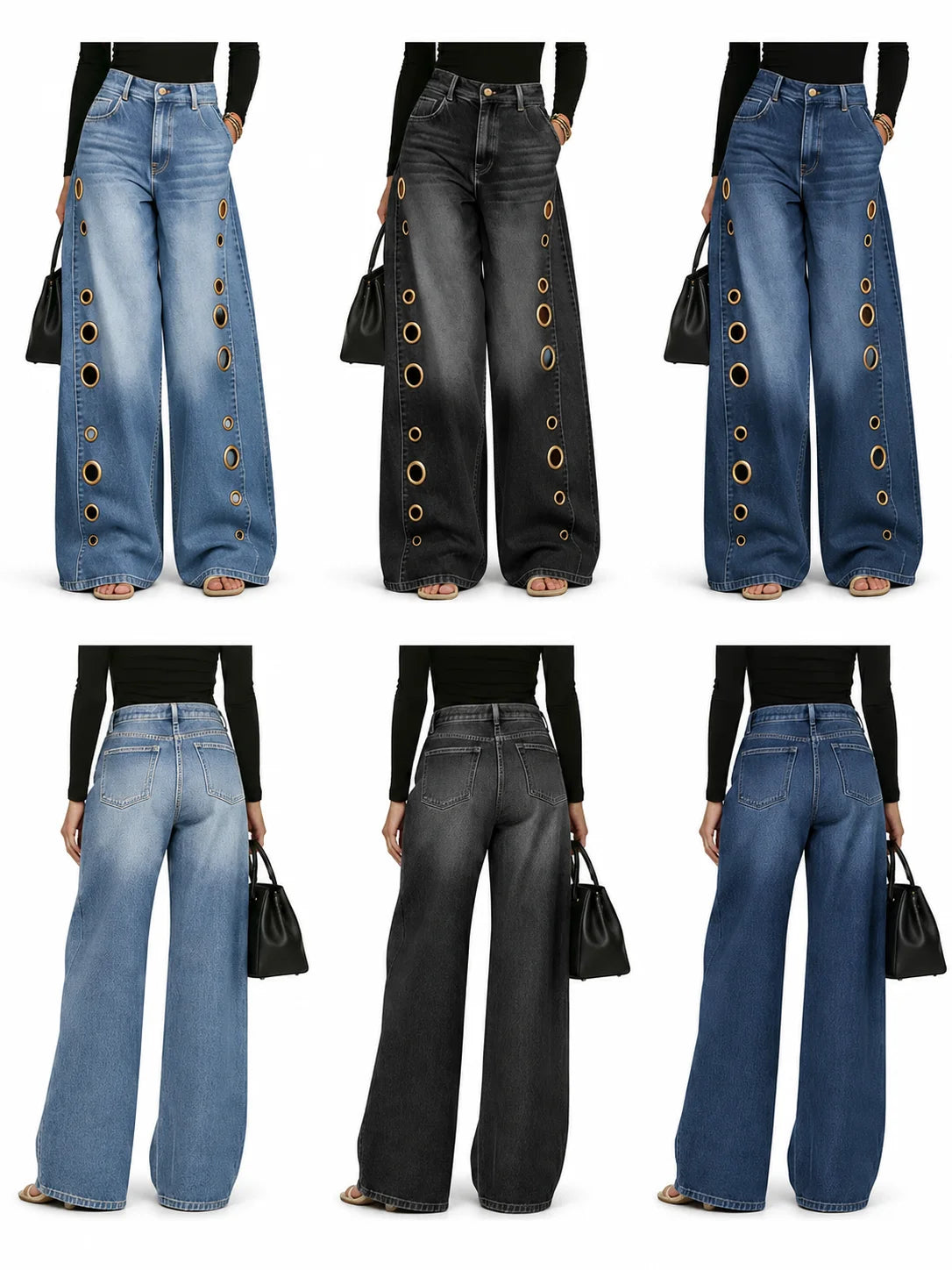 Women High Waist Wide Leg Cutout Denim Jeans With Pockets
