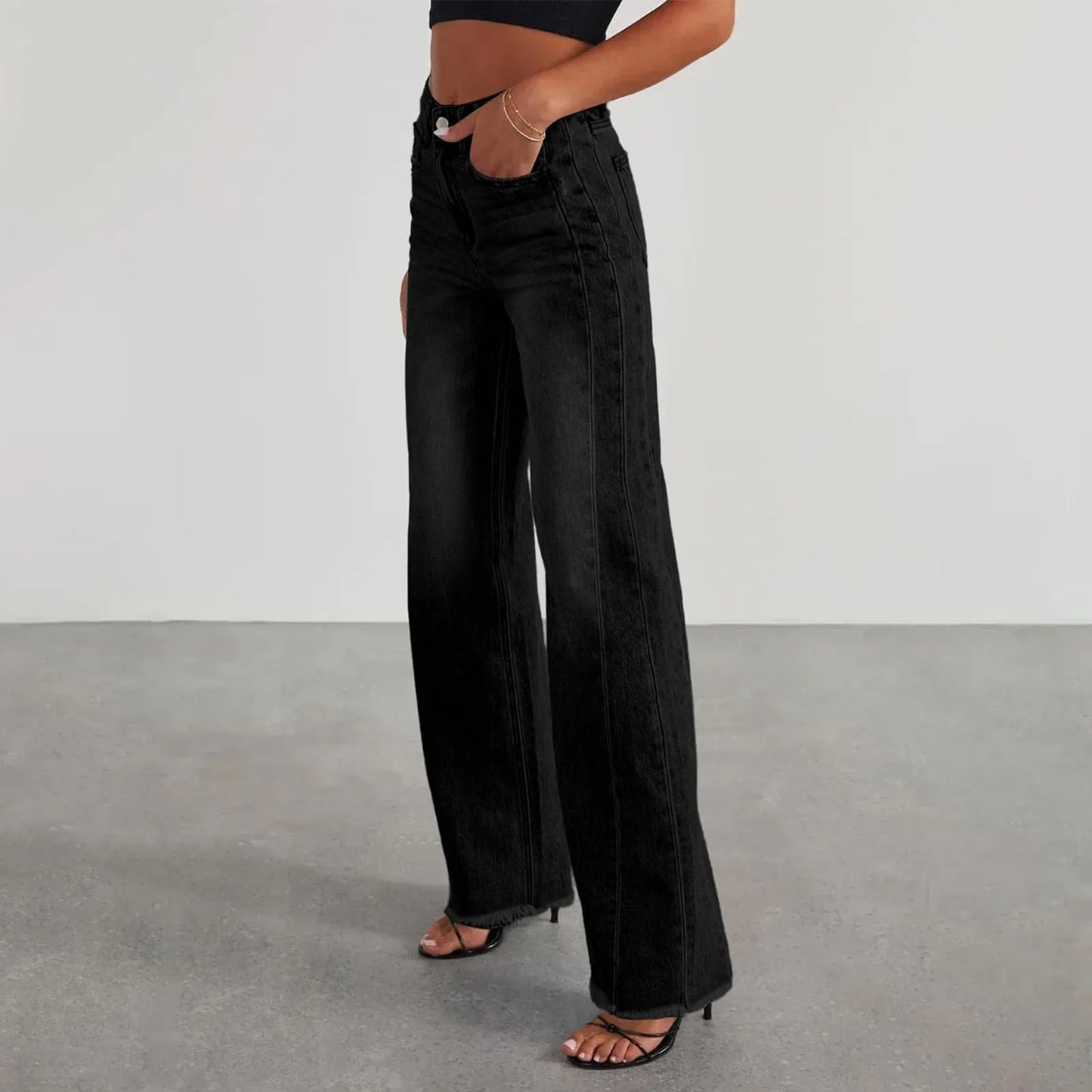 Women Wide Leg Jeans High Waist Denim Trousers With Pockets