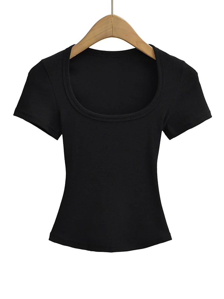 Dozw Square Collar High Stretch Summer Crop Top For Women Slim Fit Short Sleeve