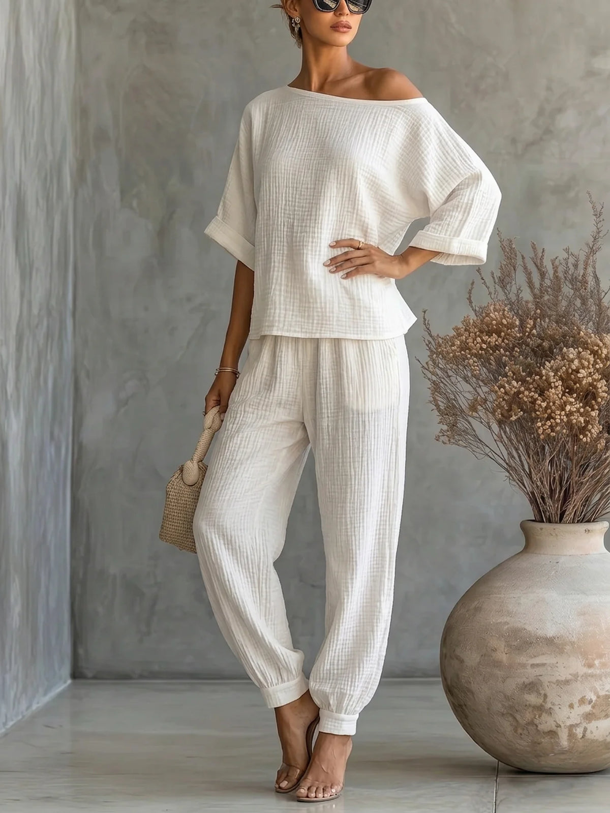 Women's Off Shoulder Textured Two Piece Top And Jogger Suit