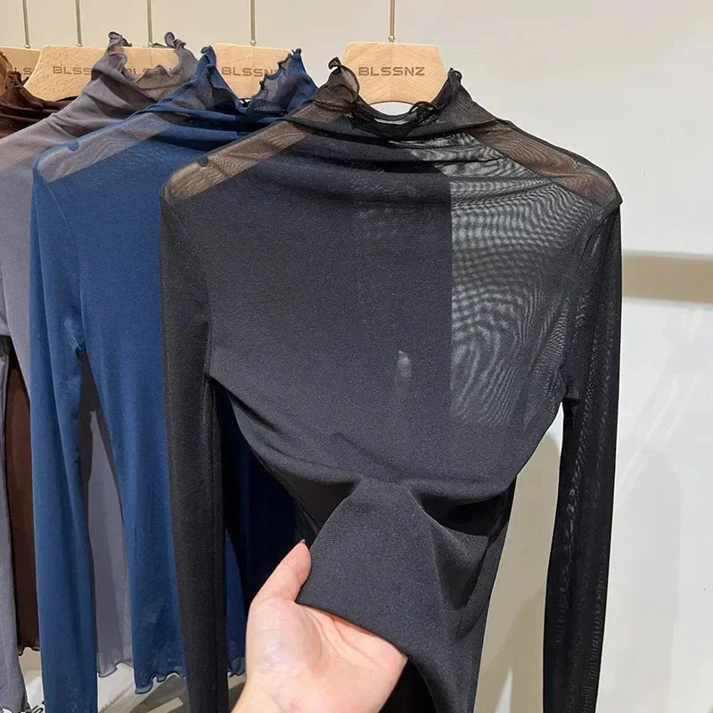 TDFunlive High Neck Lace Blouse See Through Long Sleeve