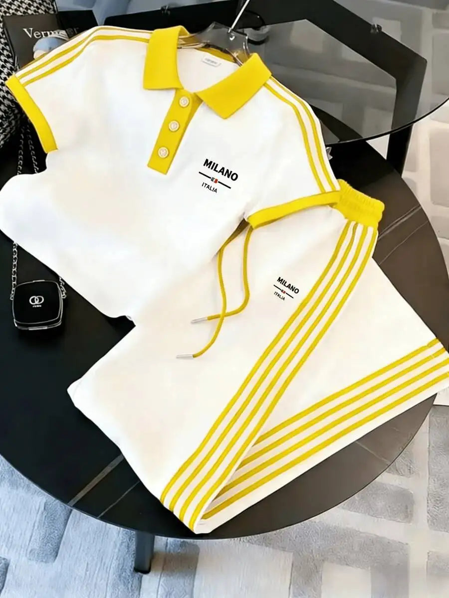Mens Striped Polo Co-ords Set Casual Knit Cuban Collar Ensemble