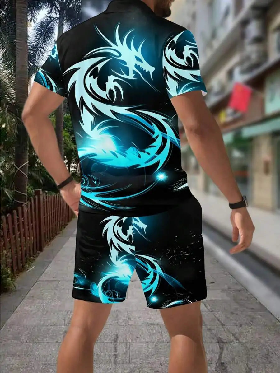 Men's Summer 3D Dragon Print Polo Shirt And Shorts Set