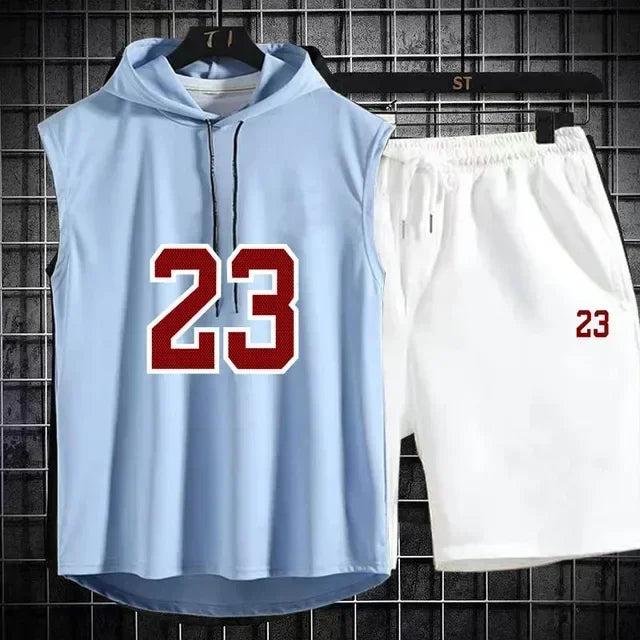 Summer Mens Sleeveless Hooded T Shirt And Shorts Set