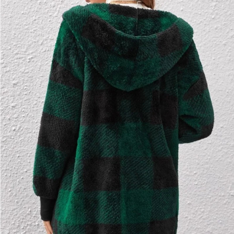 Women's Plaid Fleece Hooded Cardigan Jacket With Patchwork Design