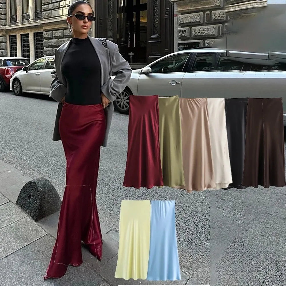 KONDALA Vintage Satin Skirt Women High Waist Elegant Silky