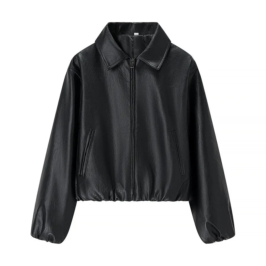 Women's Long Sleeve Leather Jacket With Turn Down Collar