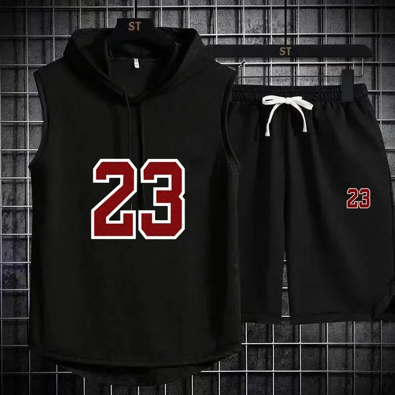 Summer Mens Sleeveless Hooded T Shirt And Shorts Set