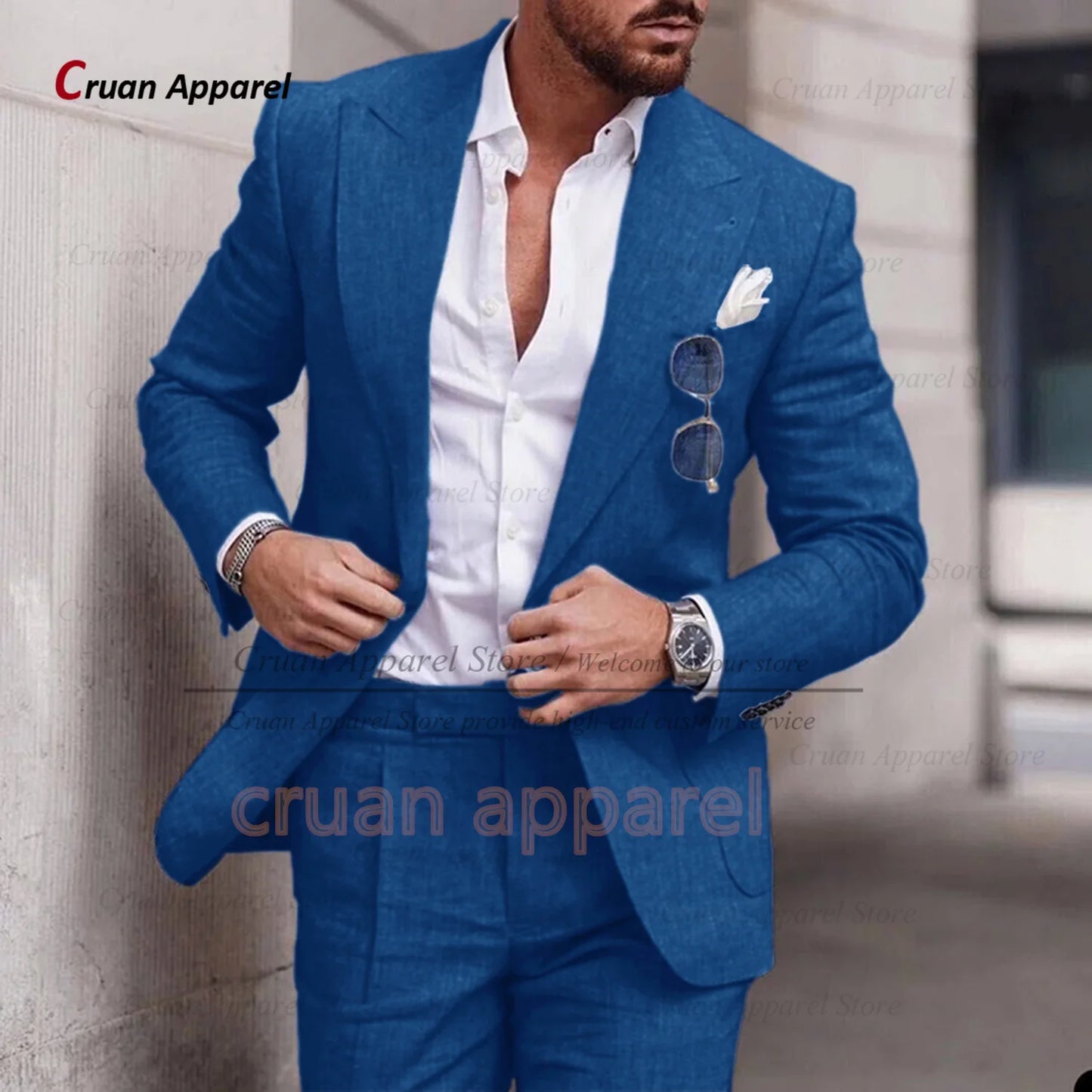 Men's Linen Suit Set With Peaked Lapel Blazer Pants