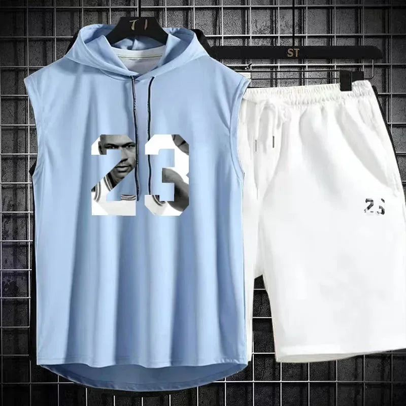 Summer Mens Sleeveless Hooded T Shirt And Shorts Set