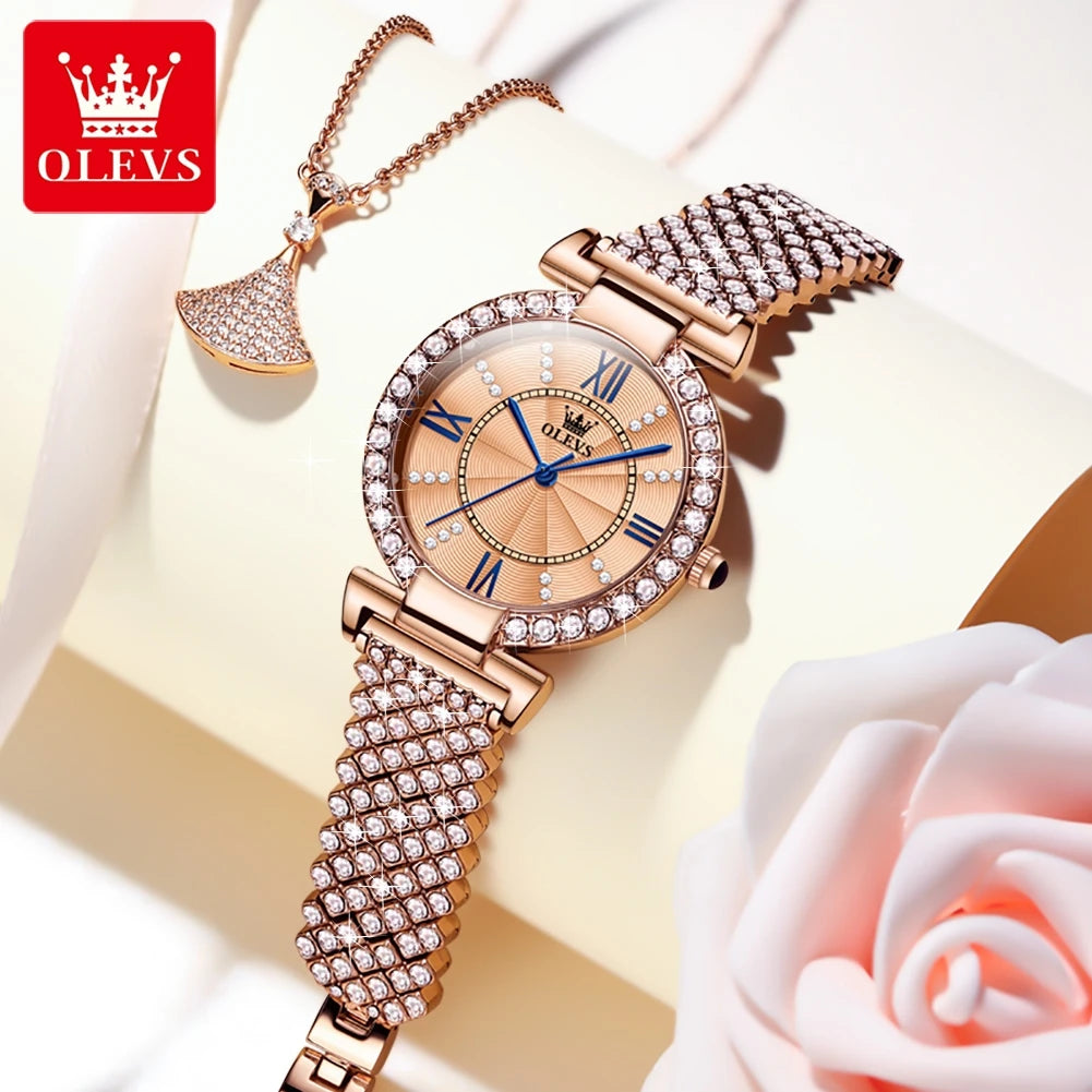 OLEVS Women's Quartz Watch With Diamond Strap And Roman Dial