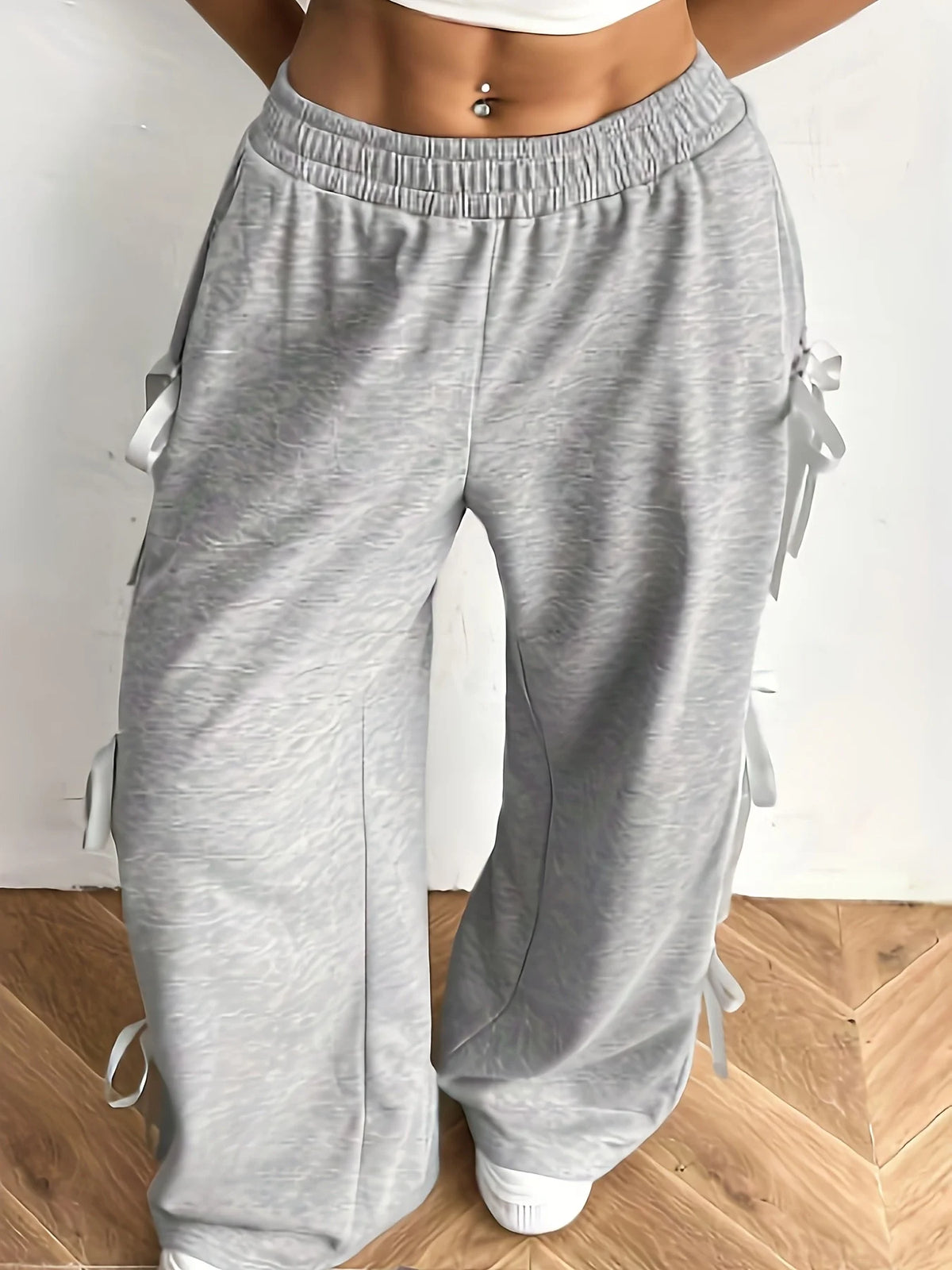 Women Bow Tie Wide Leg Casual Lounge Pants With Elastic Waist