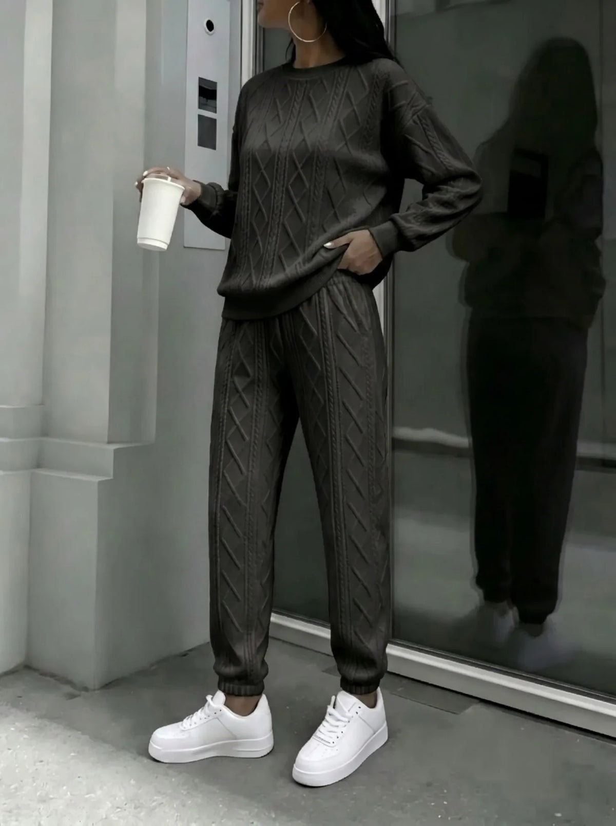 Women Cable Knit Crewneck Sweater And Jogger Pants Set