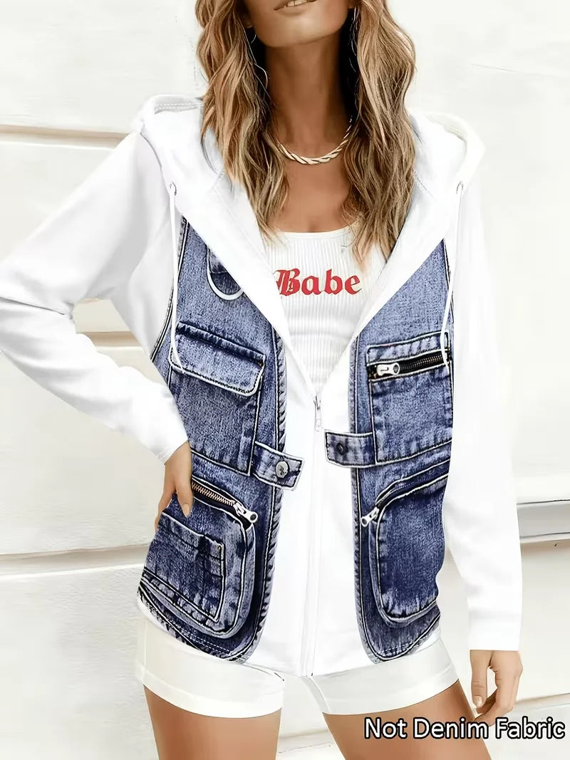 Womens Hooded Zip Up Jacket With Faux Denim Patchwork Design