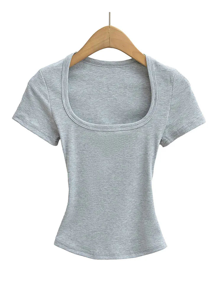 Dozw Square Collar High Stretch Summer Crop Top For Women Slim Fit Short Sleeve