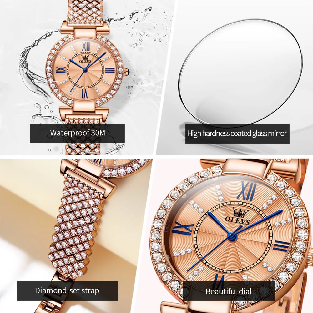 OLEVS Women's Quartz Watch With Diamond Strap And Roman Dial