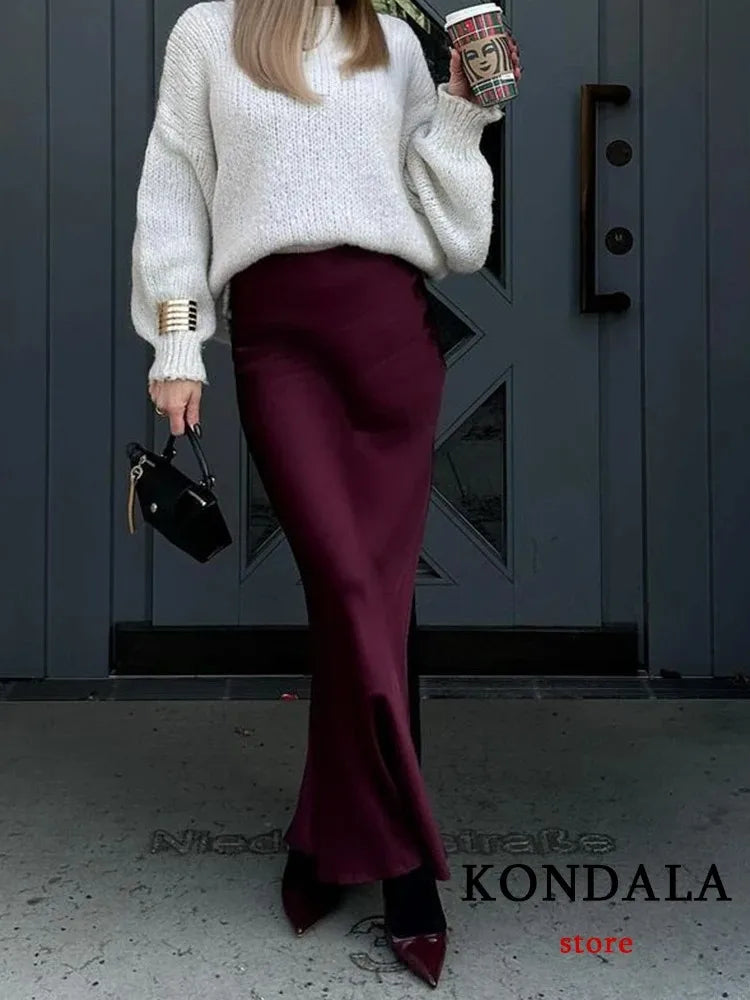 KONDALA Vintage Satin Skirt Women High Waist Elegant Silky